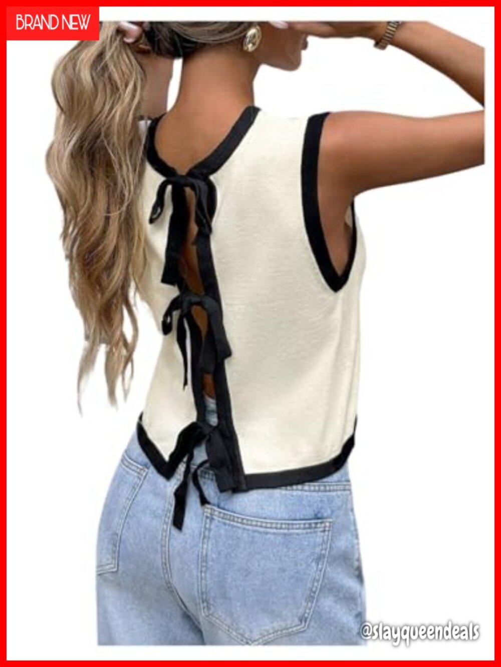 Sleeveless Tie Back Bow Sweater Vest Crew Neck Knit Fall Tank Top